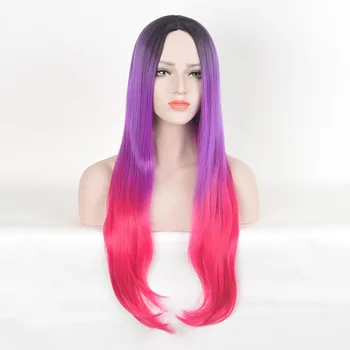 Hot Sale Long Straight Ombre Purple And Pink Hair Roots Black