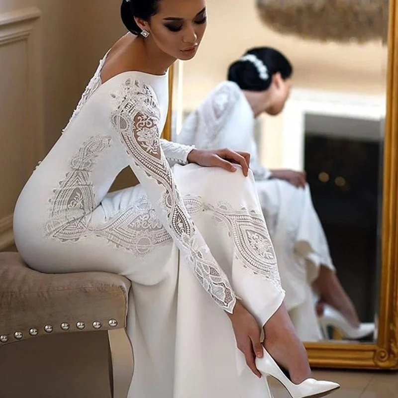 Elegant Long Sleeve Sheath Lace Bridal Gowns Wedding Dresses 2021 - Buy