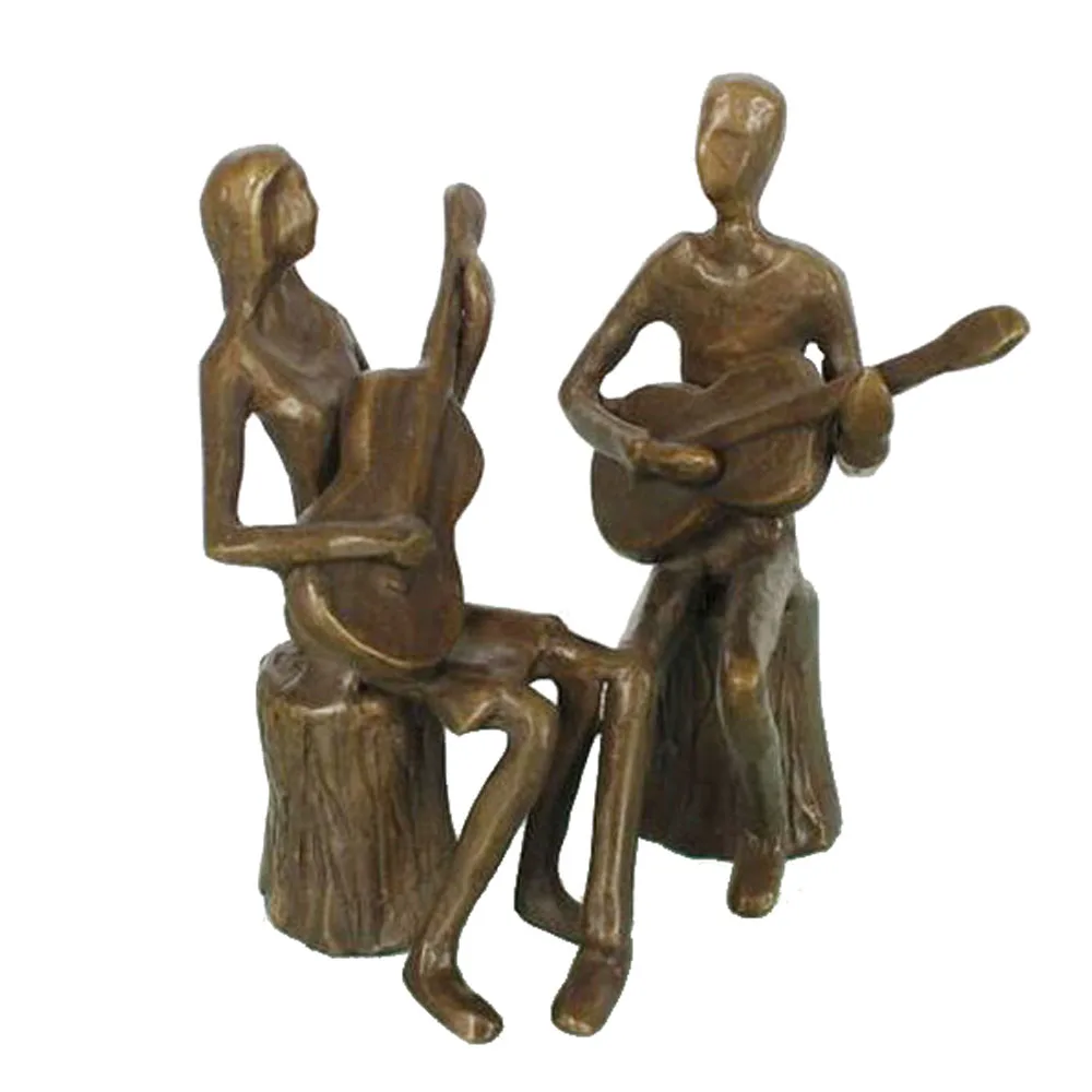 Female Musician Playing Guitar Sculptures With Antique Bronze Finish