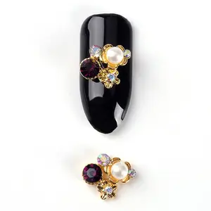 2018 Beautiful nail art decoration, fashion alloy flower design glitter purple rhinestones mix white pearl charms nail supplies