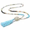 Semi-precious wire wrap natural stone druzy necklace amazonite mala beads chakra lava stone tassel necklace