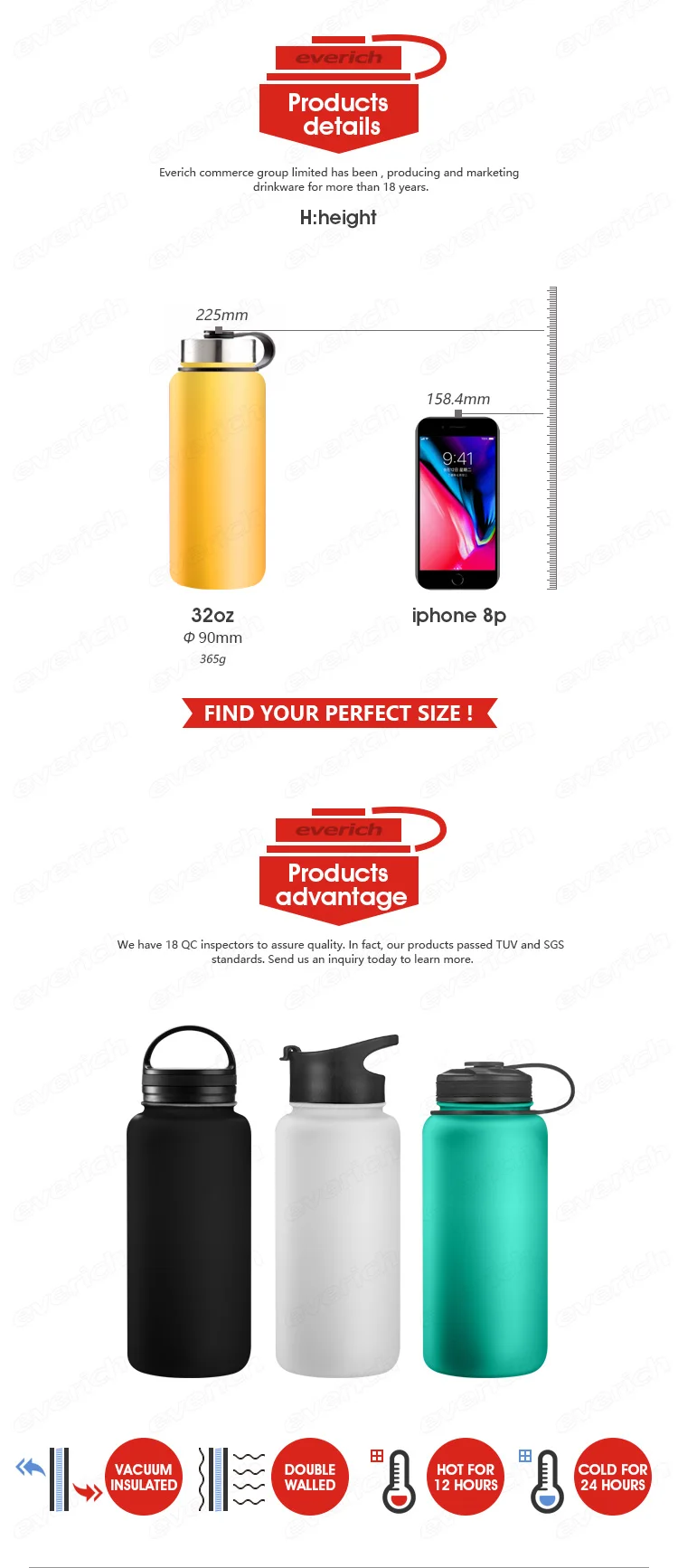 Triple Insulated Stainless Steel 16oz Water Bottle With Replacement