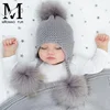 Cute Wholesale Winter Knitted Cap Earflap Hat /Child Kid Knit Real Fur Pom Pom Ball Beanie Baby Hat /Children Baby Kids Fur Hat