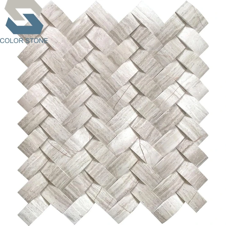 Hot Sale White Oak Wood Arched Herringbone 3D Honed Marble Mosaic Tile