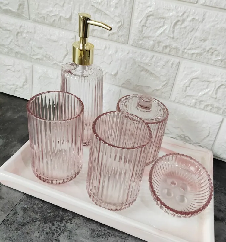 5 Piece Pink Crystal Glass Bathroom Accessory Set Includes Soap