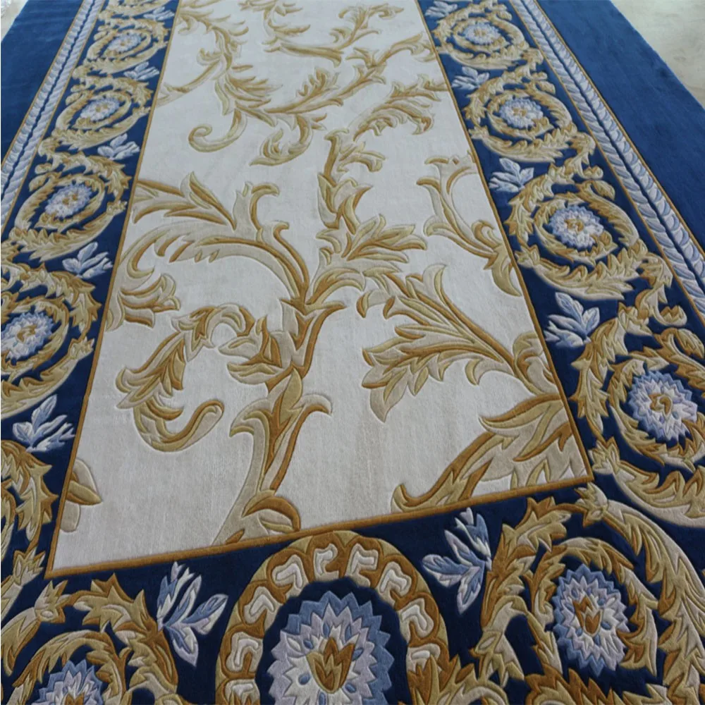 Navy Blue Beautiful Floral Cut Pile Design Wall To Wall Carpet Wool