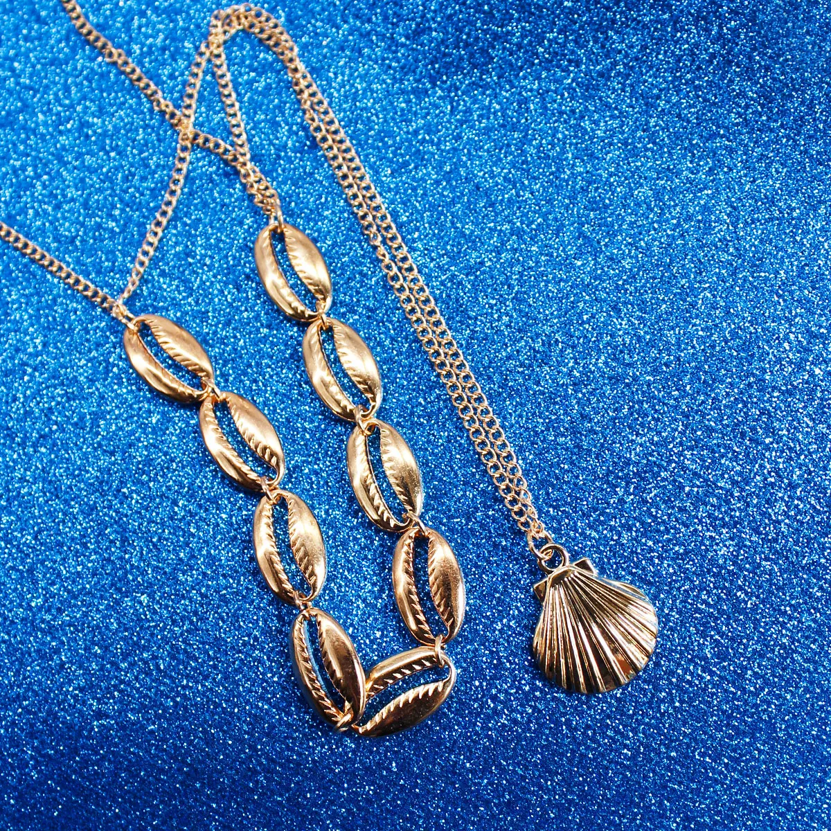 波西米亚多层海洋贝壳海滩吊坠项链为妇女时尚银金色贝壳链贝壳项链