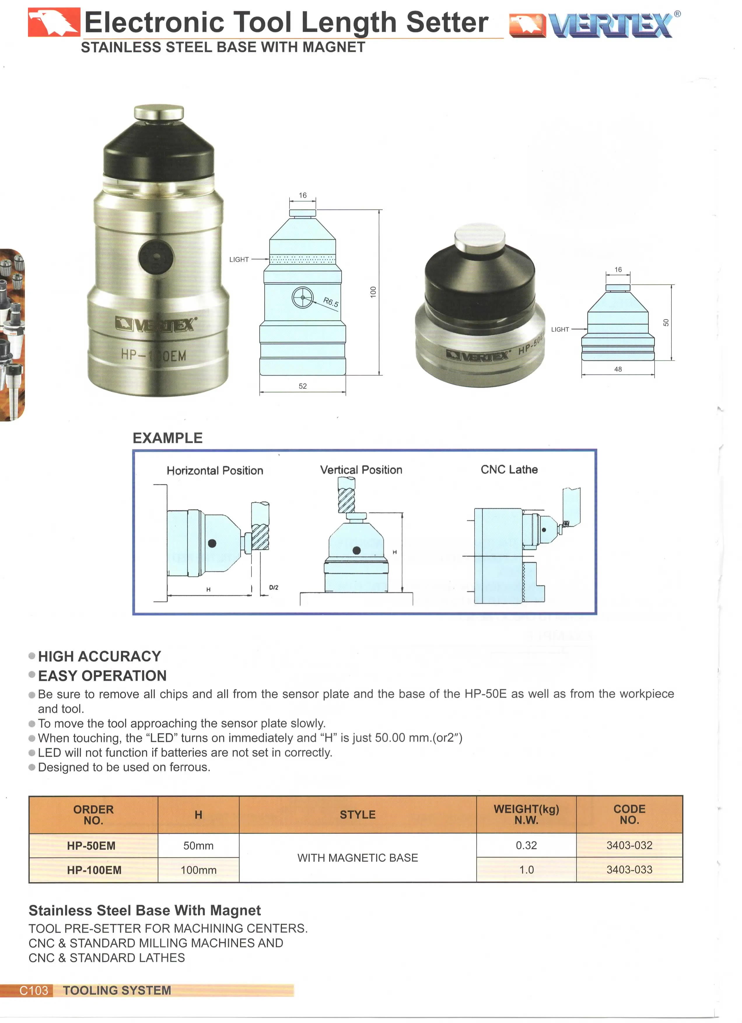 Vertex Electornic Tool Length Setter With Base Hp50em