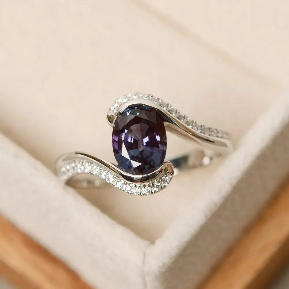 Alexandrite Halo Rings For Women Sterling Silver Plated With Rhodium Customizable Jewelry Size 3-12