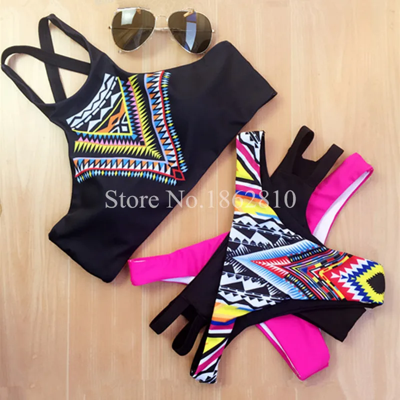 2016 New Fashion Women Bikinis High Neck Push up Bikini Set Geometry Black Swimwear Slim Print