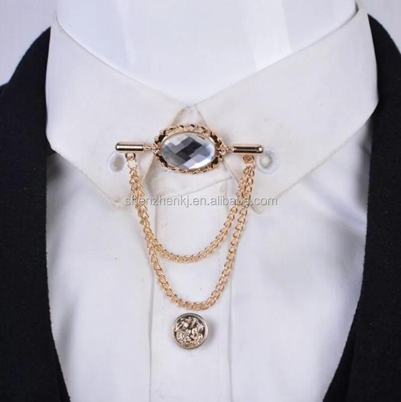 Fashion Crystal Gem Men Brooch With Tassel Chain Shirt Tassels Men Suit