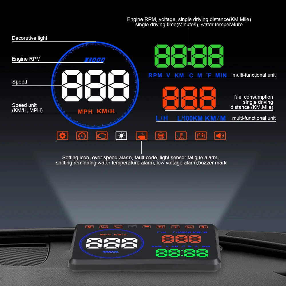 Hud Heads Up Display Projector Overspeed Wanring Speedometer Obd Ii