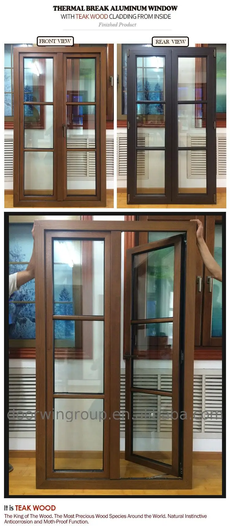 Modern Designs French Models Dimensions Solid Wooden Arch Teak Wood Aluminium-Wood Clad casement Windows