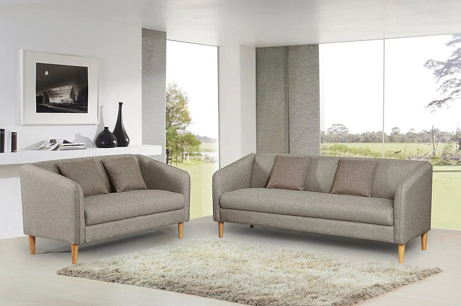 Container Furniture Direct Helton Collection 2 Piece Collection Modern Reversible Fabric Living Room Sofa Set, Beige