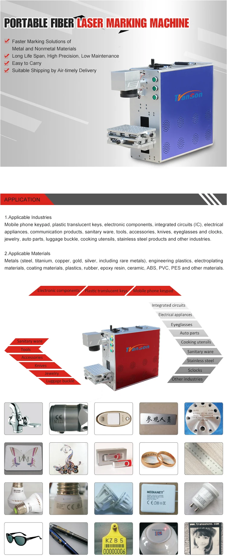 Transon supply 30w cnc stainless steel fiber laser marking machine/laser printing machine for sale