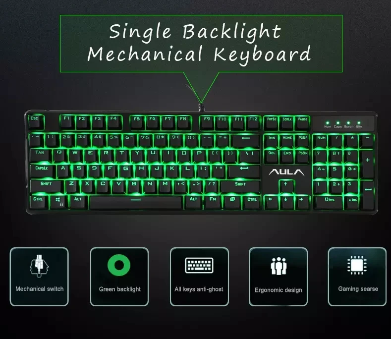 Aula Si2053 Green Led Backlit Wired Mechanical Gaming Keyboard With Ce