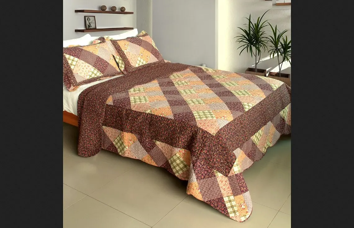 Blancho Bedding 100% Cotton Full/Queen Size Artistic Chic 3PC Vermicelli-Quilted Patchwork Quilt Set