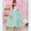 ZH2308Q 2019 Mint Green illusion Long Sleeve Flower Girls Dresses for Weddings Bow Belt Lace tiered tulle kids Pageant gown