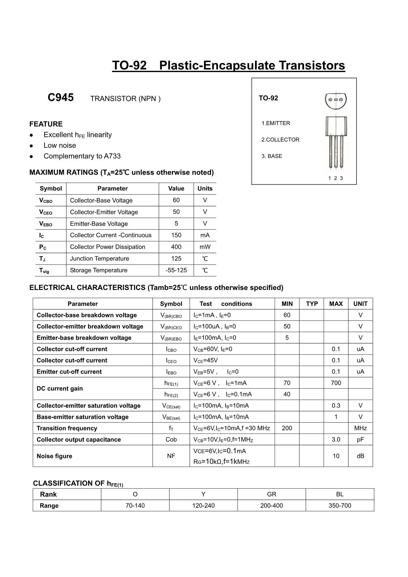 Fabricante De Triodo Transistor Mosfet C945 Sot2392 C945 Gr331