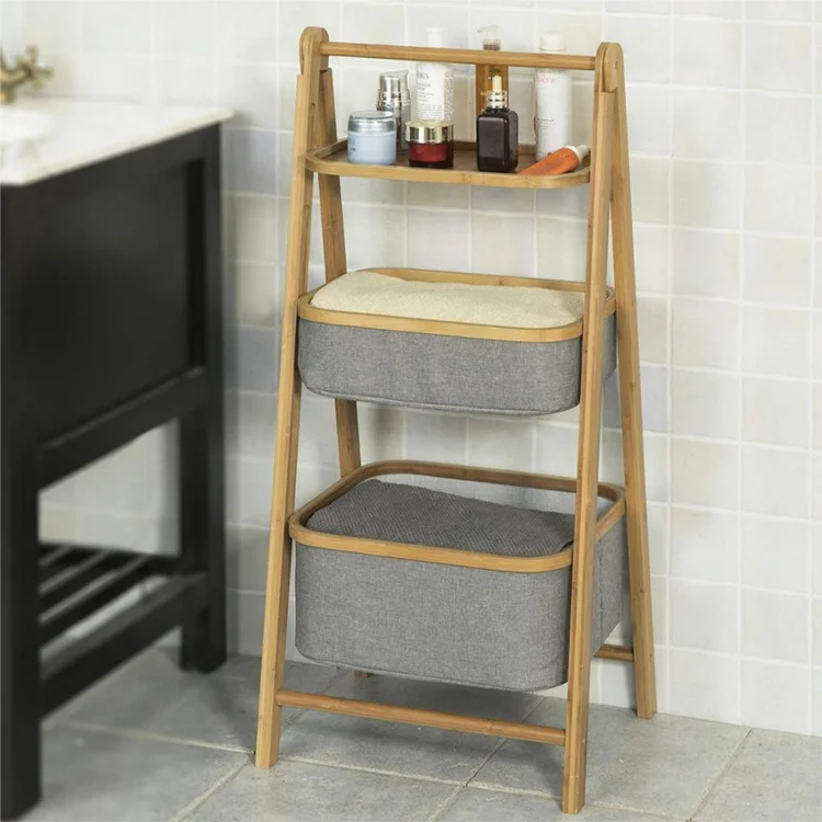 3 Tiers Foldable Bamboo Bathroom Shelf With 1 Shelf 2 Baskets,Storage ...