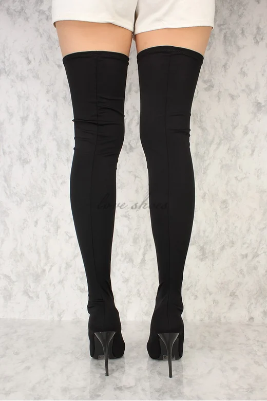 black stretch lycra thigh high boots