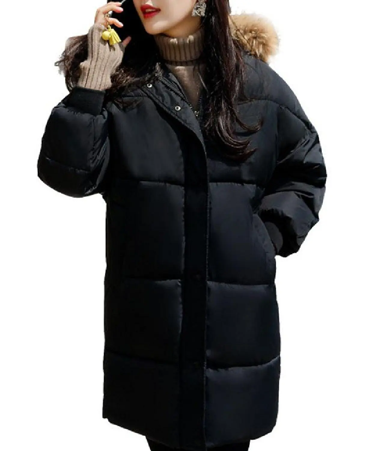 YUSKYWomen Faux Shearling Waterproof Mid Long Hooded Puffy Jacket