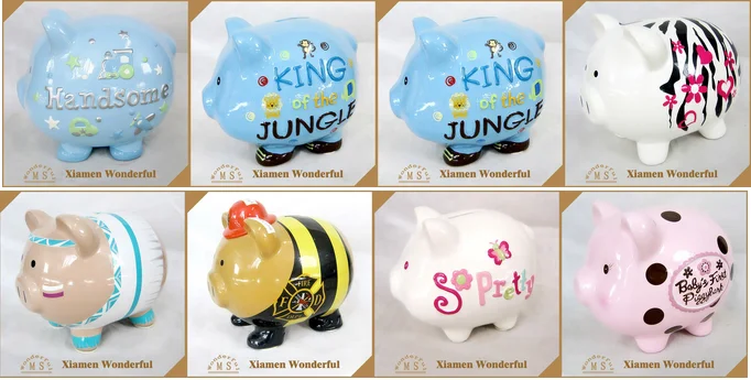 hot wholesale ceramic clever piggy bank blue background color  hand painting coin bank for lovely boy friend gift to safe money