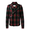 Red and multi-colored tartan wool biker jacket off-centre front zip fastening long sleeves three zip pockets jackets