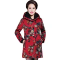Chinese Women Thicken Puffer Jacket Middle Aged Woman Flower Hooded Quilted Coat Warm Fleece Lined Jackets