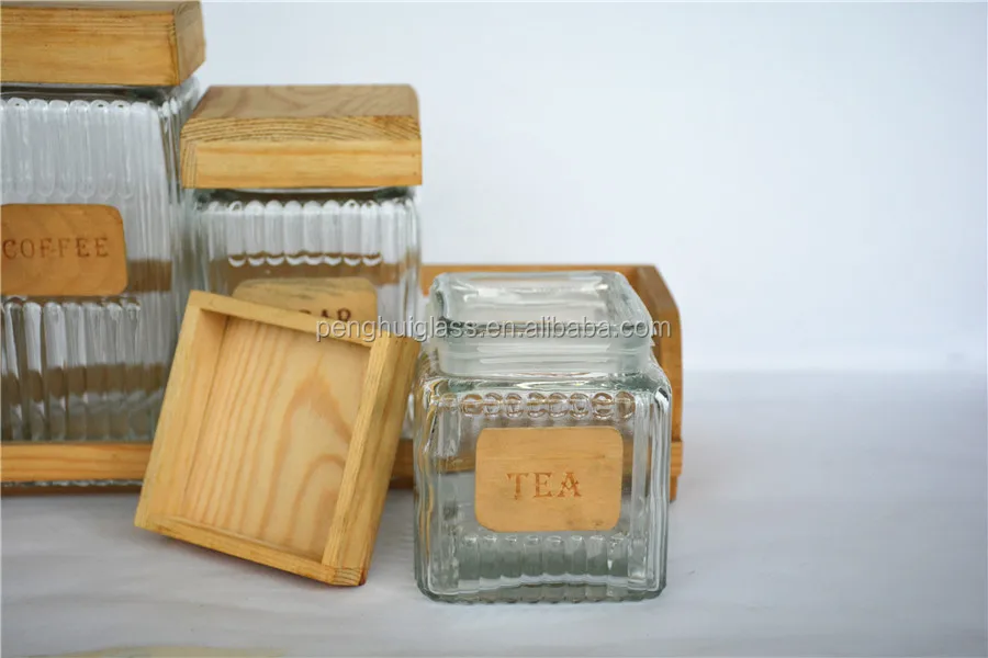 3 Pcs Square Glass Storage Jar With Wooden Lid In Wood Stand Buy