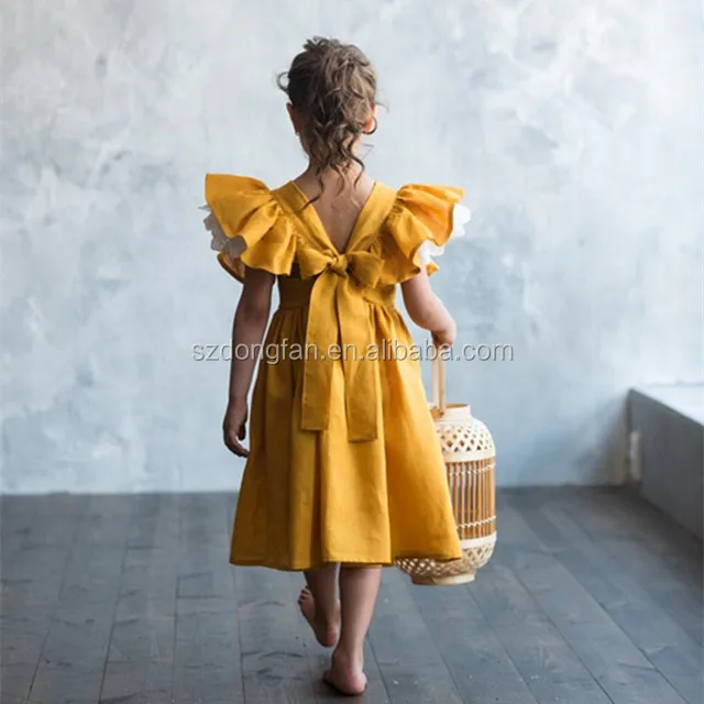 Mustard Linen Dress For Girl With Flutter Sleeve Pinafore Dress Toddler ...