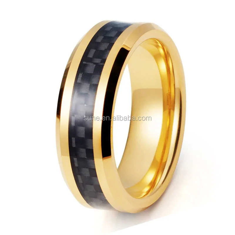 Cobalt Yellow Gold Plated High Polish with Black Carbon Fiber Inlay Wedding Band Ring Free Engraving 8mm Man or Ladies 