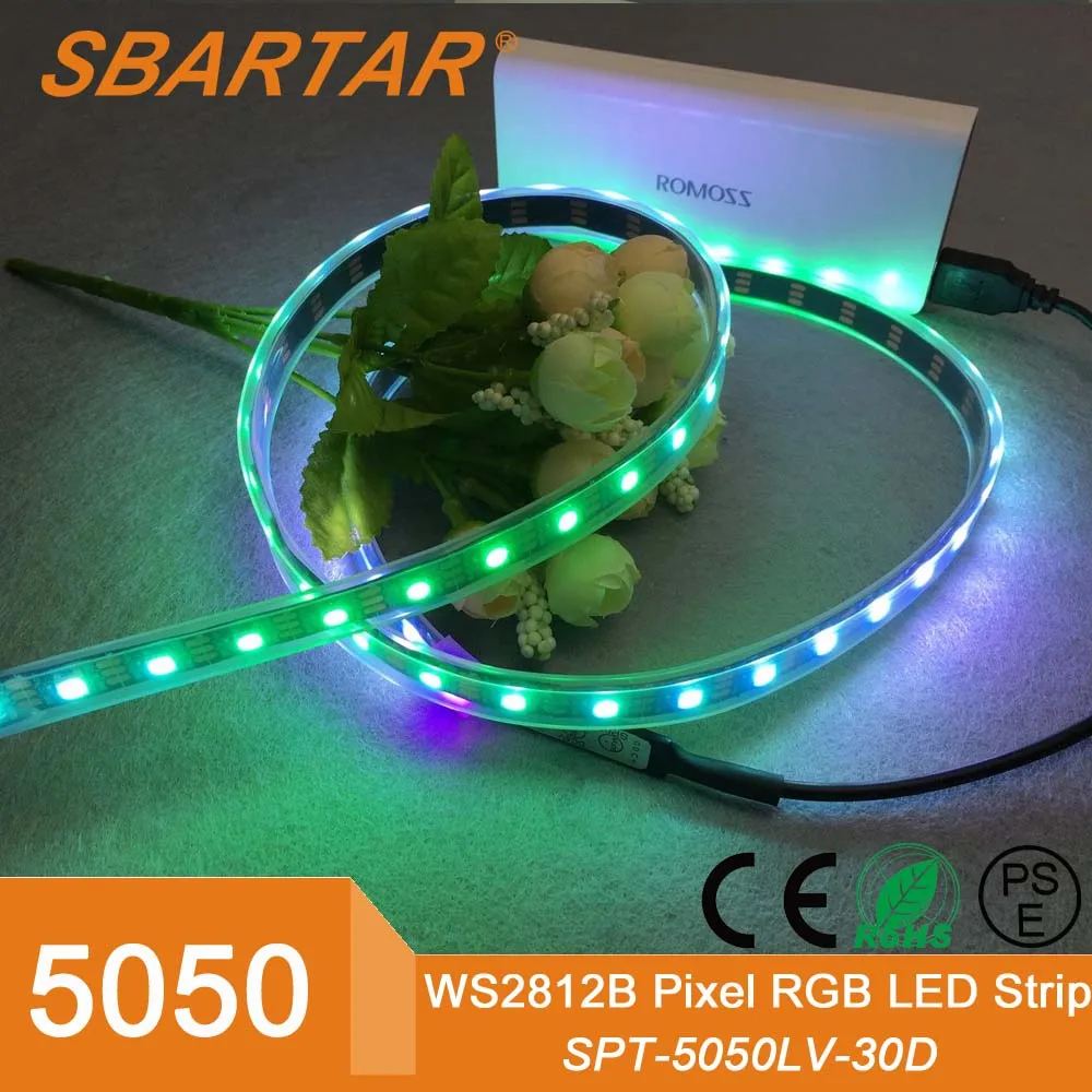 WS2812B 5050 SMD RGB LED Strip 5m 150 LEDs Black PCB Individual Addressable 5V