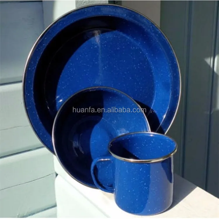 Enamelware Dinner Set Blue Speckled Enamel Mug,Bowl And Plates