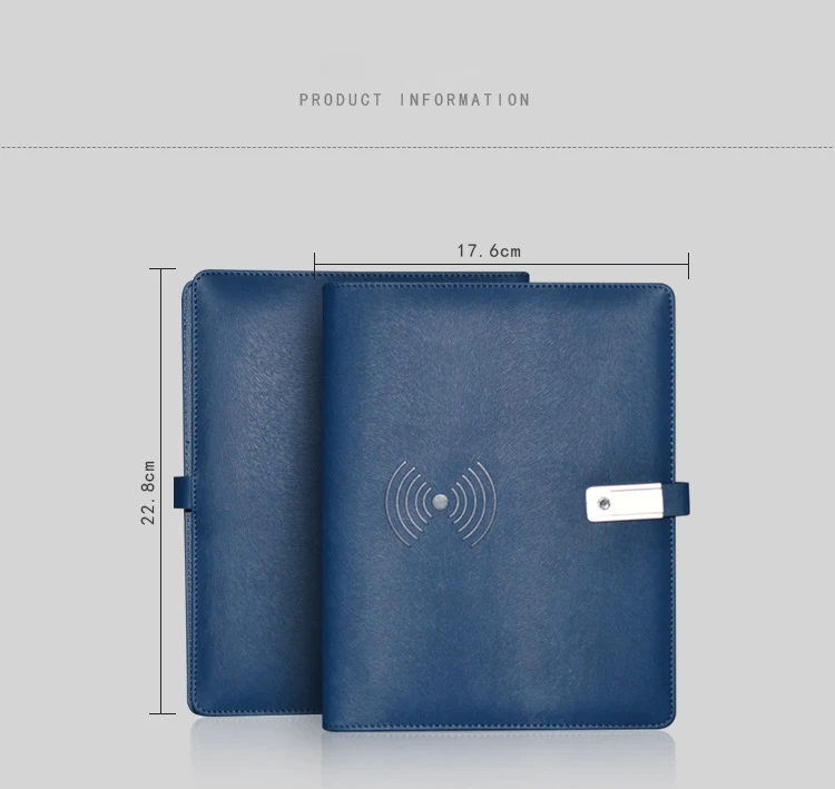 Business Planner A5 PU Cover Notebook 8000mAh Power Bank With LED logo USB Flash Drive Wireless Charging Notebook