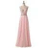Blush Pink Evening Dresses Long Gowns Women Sheer Neckline Floor Length Beaded Chiffon 2018 Special Occasion Gowns for Ladies