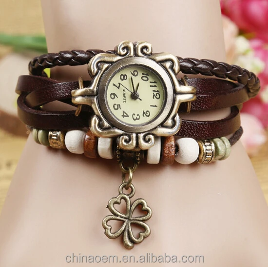 Relojes Mujer 2015 Quartz Weave Around Leather Clover Bracelet Lady ...