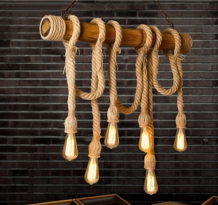 麻绳吊灯扭曲亚麻绳乡村风格吊灯带复古6灯