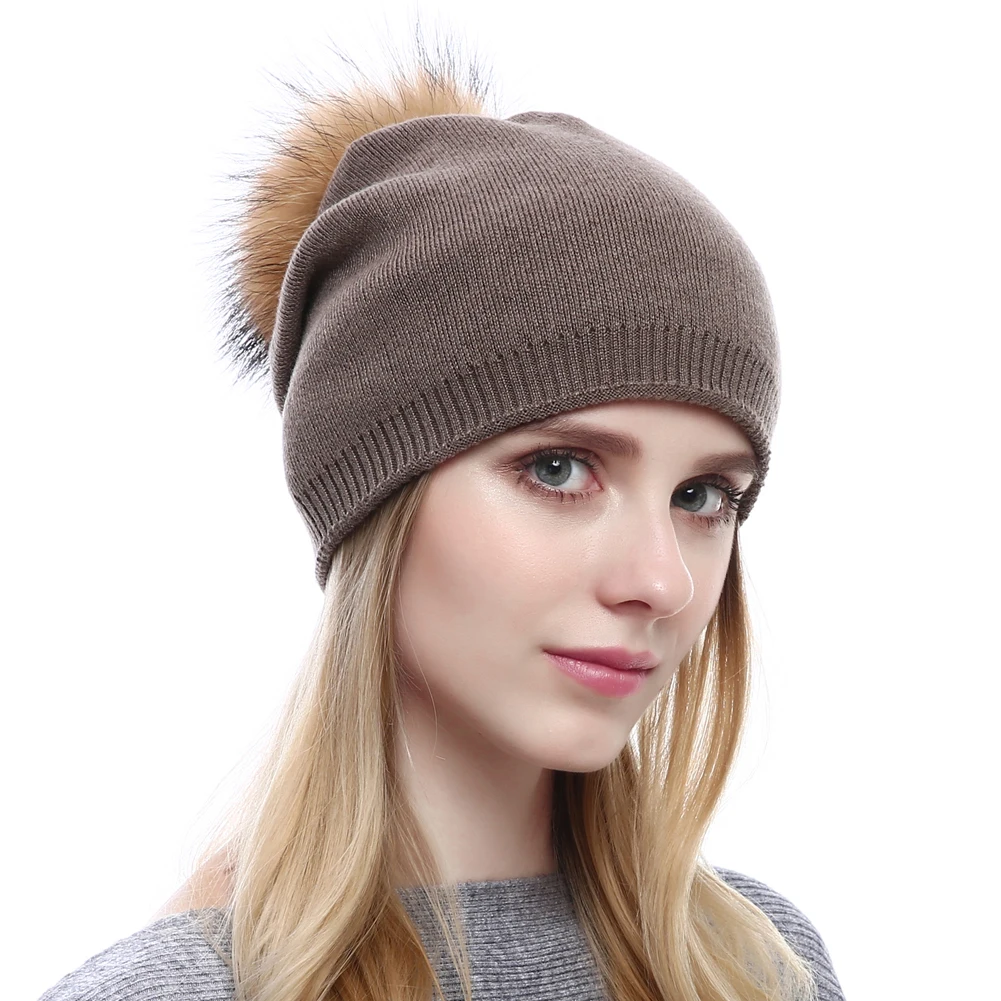 High Quality Cashmere Hat With Fur Pom Pom Women Knitted Cashmere Hat