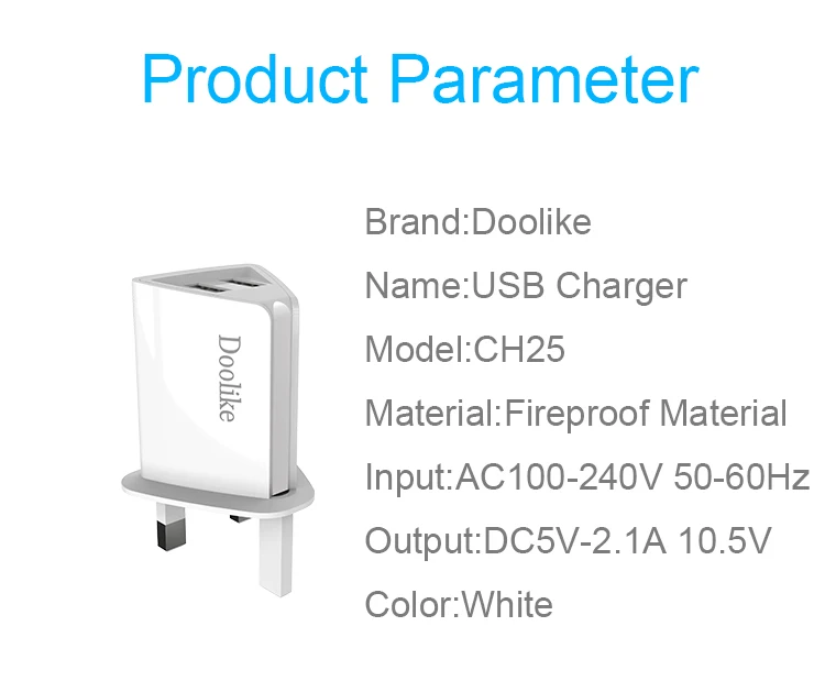 Dual USB Wall Charger with USB Charging Cable Portable UK Plug 5V-2.1A Charger Adapter