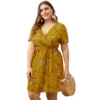 Plus Size Short Sleeves Wrap V Neck Belted Empire Waist Asymmetrical High Low Bohemian Party Maxi Dress