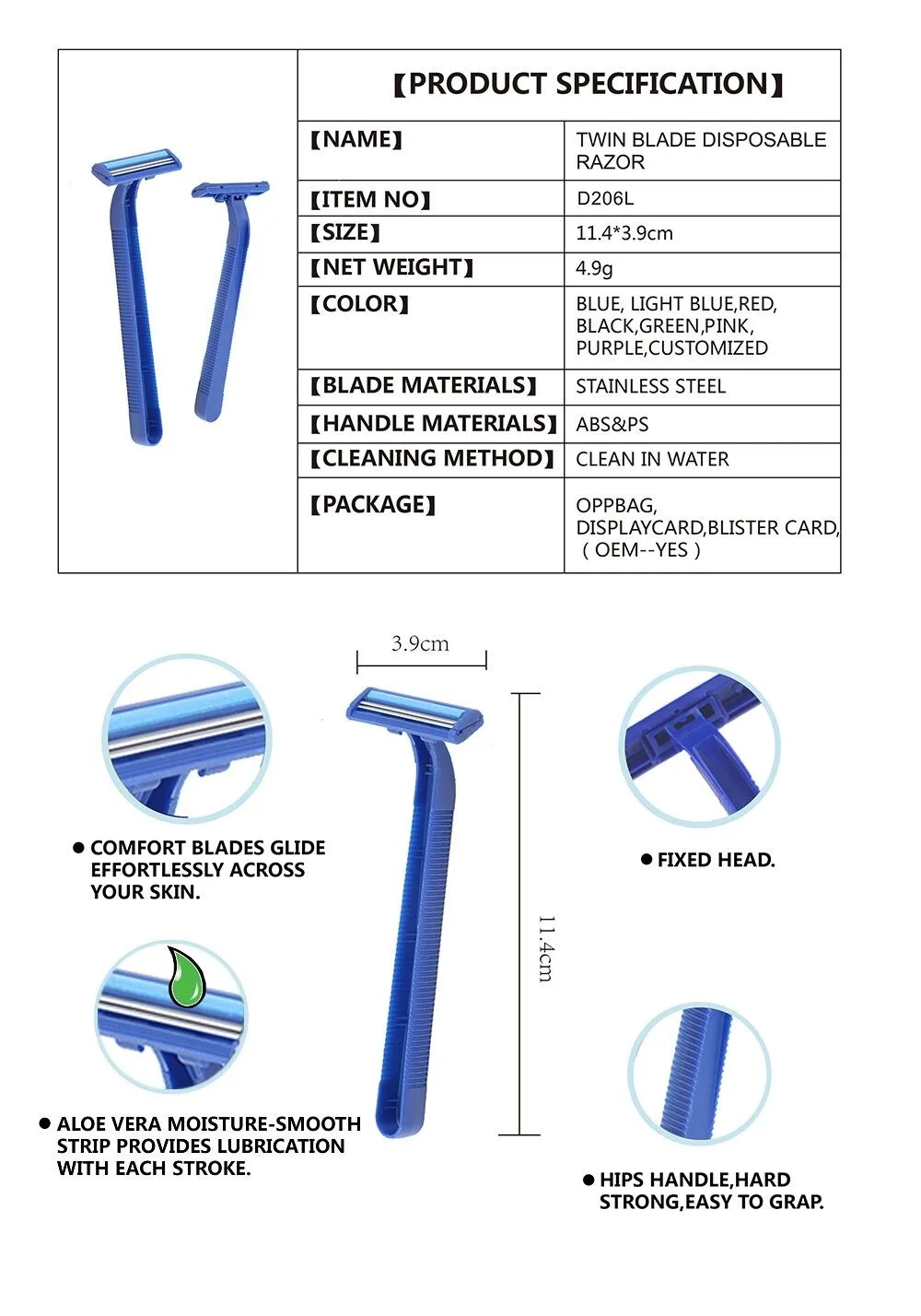D206l Long Plastic Handle Disposable Twin Blade Shaving Razor Fixed Head Type With Lubricating