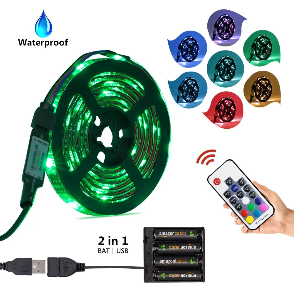 Led Strip Light Battery Powered USB Operated 2 in 1, XYOP Waterproof RGB Led Strip Lights, Flexible Led Strip Rope Lights with RF Controller, Multi-colors Led Lights for Background Lighting - 2M/6.6FT