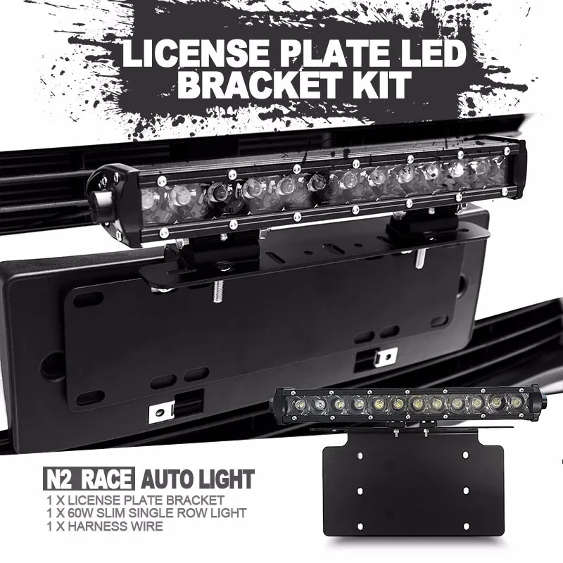 4x4 Front License Plate Mount Bracket Holder With 60w Slim Single Led