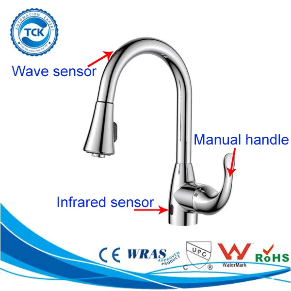 Touchless two-way activation pull out kitchen faucet with wave infrared sensor