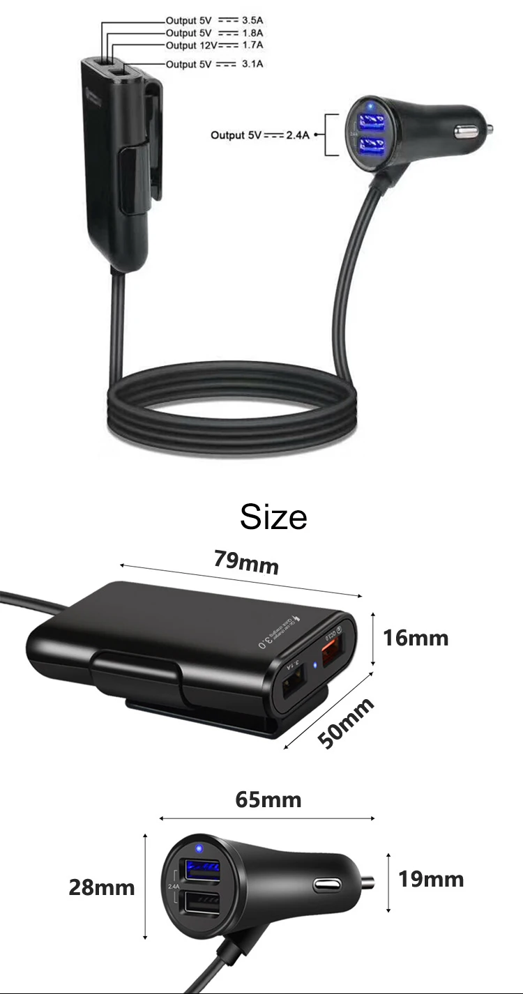 Universal Front Back Seat Share Qc3.0 Quick Charging Mobile 4 Port Usb