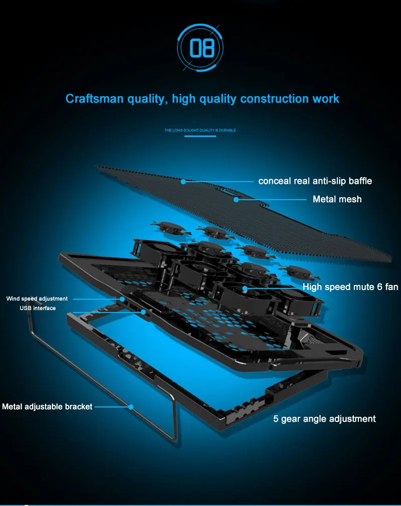 new design aluminum  laptop cooling pad with six cooler fans