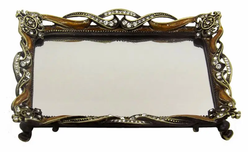 High quality new design zinc alloy gold glass decorative jewelry mirror serving tray