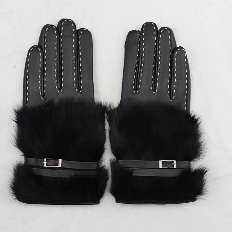 rabbit fur cuff gloves fashion style women wearing leather glove