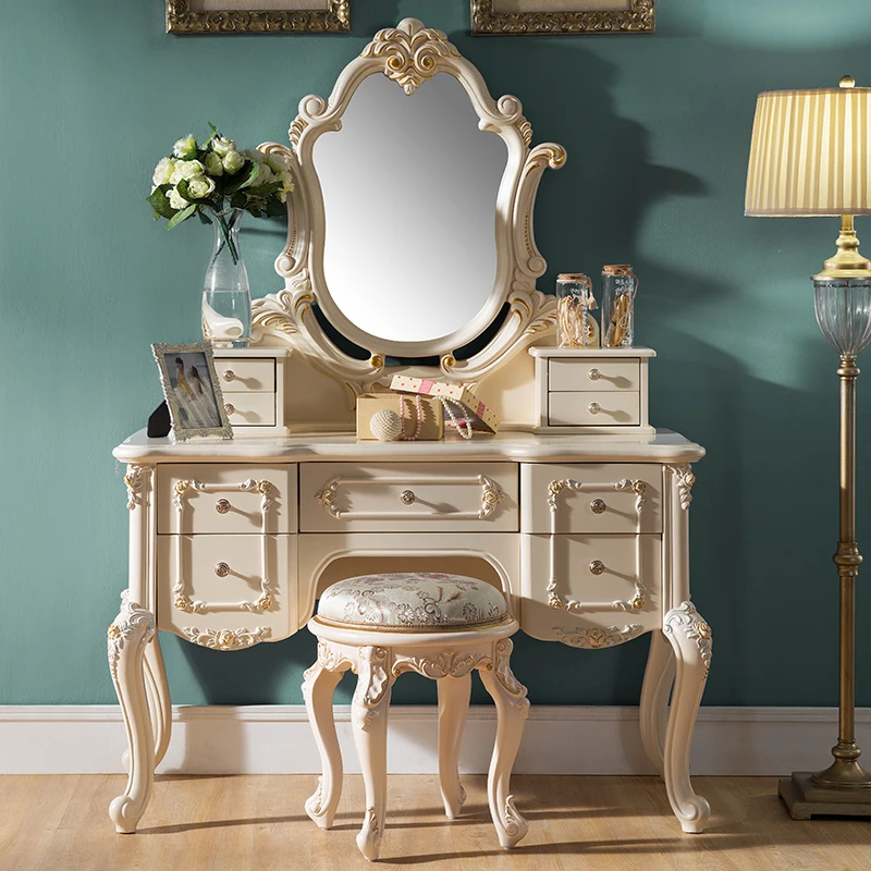 Europe Style White Rose Vintage Bedroom Dresser With Mirror For